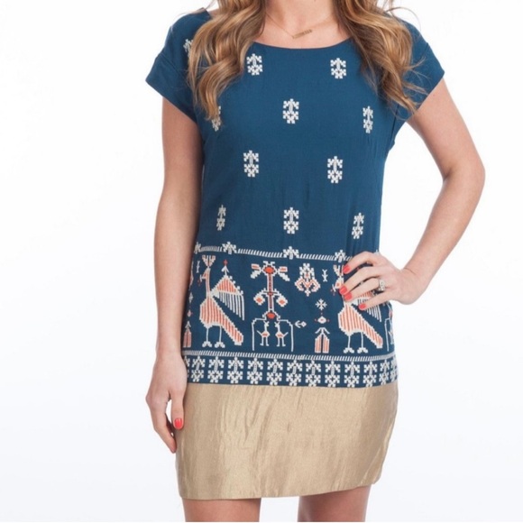 ANTHRO Anthropologie Floreat Teal and Gold Avian Myth Tribal Print Shift Dress 4